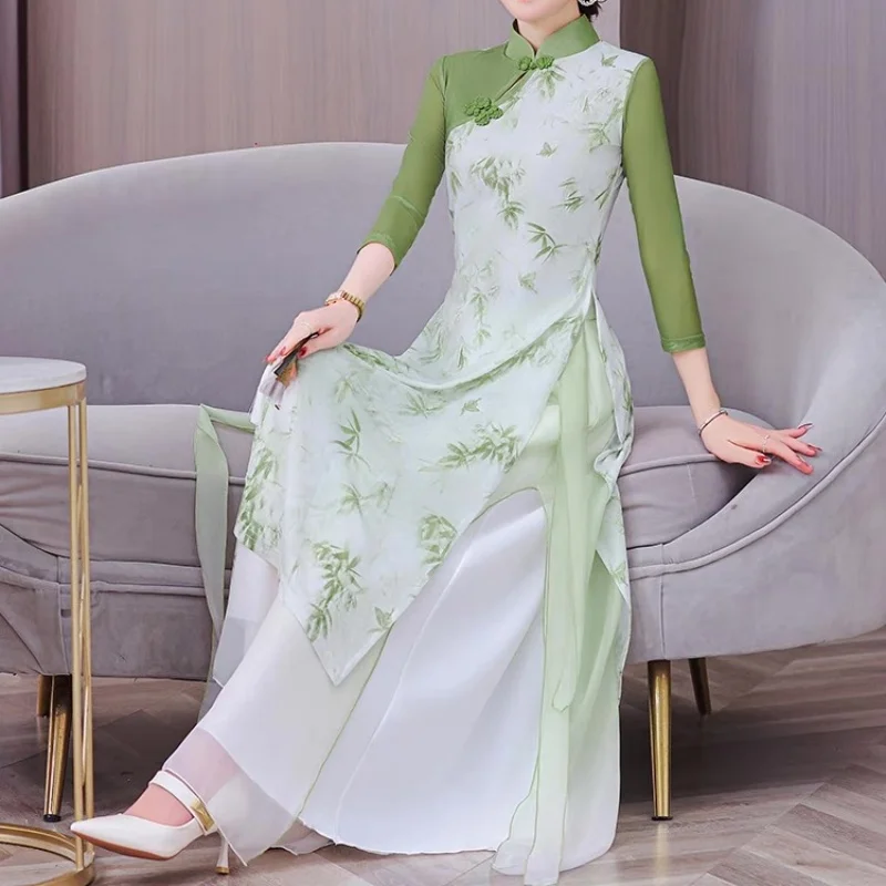 الصيف النساء التقليدية فيتنام شيونغسام دعوى الشرقية المطبوعة مأدبة مساء فستان الرقص مرحلة أزياء مسرحية