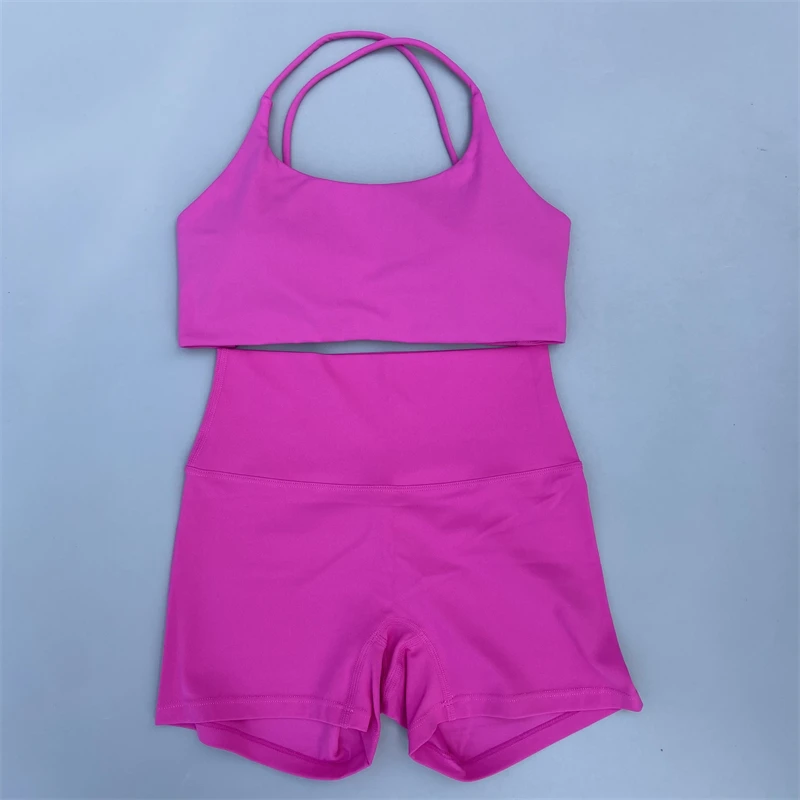 Solid Color Yoga Set Women Gym Sports Suit Workout Outfit Set 2 Piece Cross Back Fitness Bra High Waist Shorts Running Tracksuit