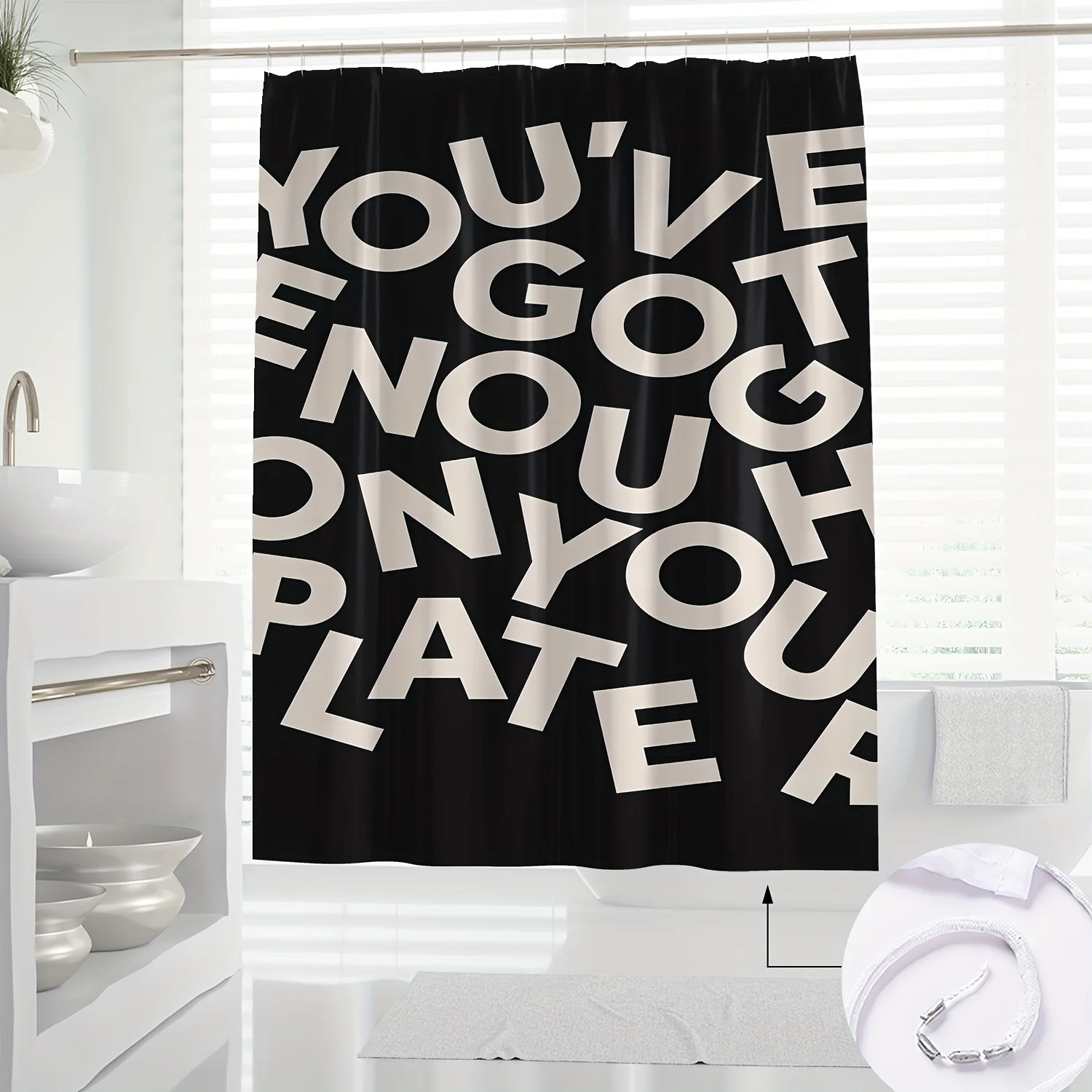 

1pc Modern Minimalist "You've Got This" Inspirational Shower Curtain - Black with White Lettering, Polyester, Machine Washable,