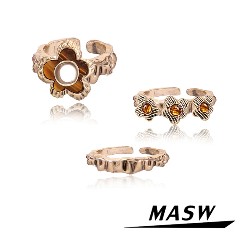 MASW Original Design Vintage Temperament 3 pcs Set Open Brown Flower Rings For Women Girl Gift Modern Jewelry Senior Sense