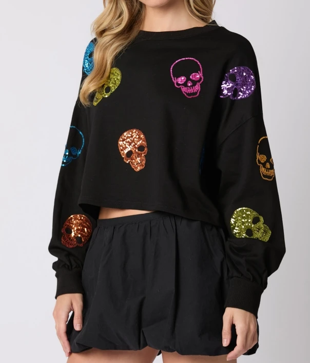 Women's Cool Hoodie 2025 Autumn Winter Latest Halloween Skull Sequin Top Round Neck Loose Casual Hoodie Long Sleeves Pullover