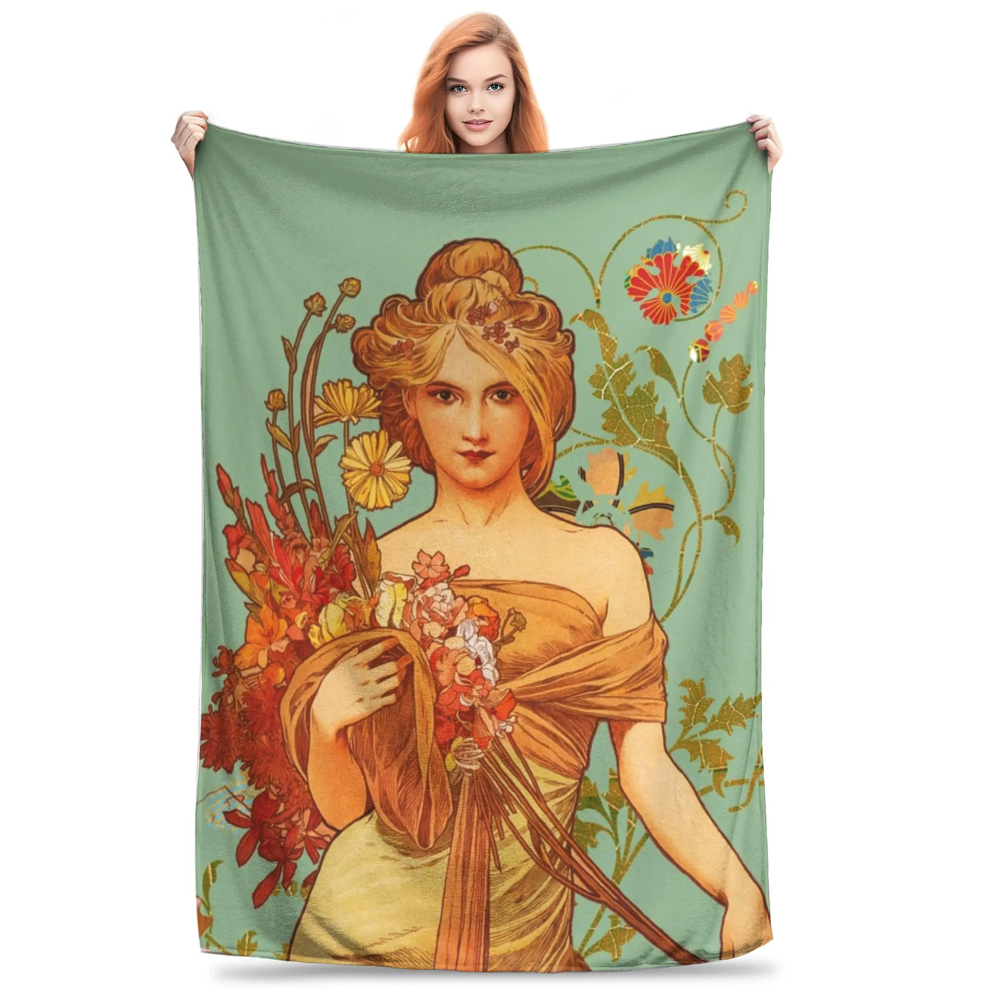 Alphonse Mucha Floral Blanket Fleece Retro Beauty Women Lightweight Thin Throw Blankets for Car Sofa Couch Bed Rug