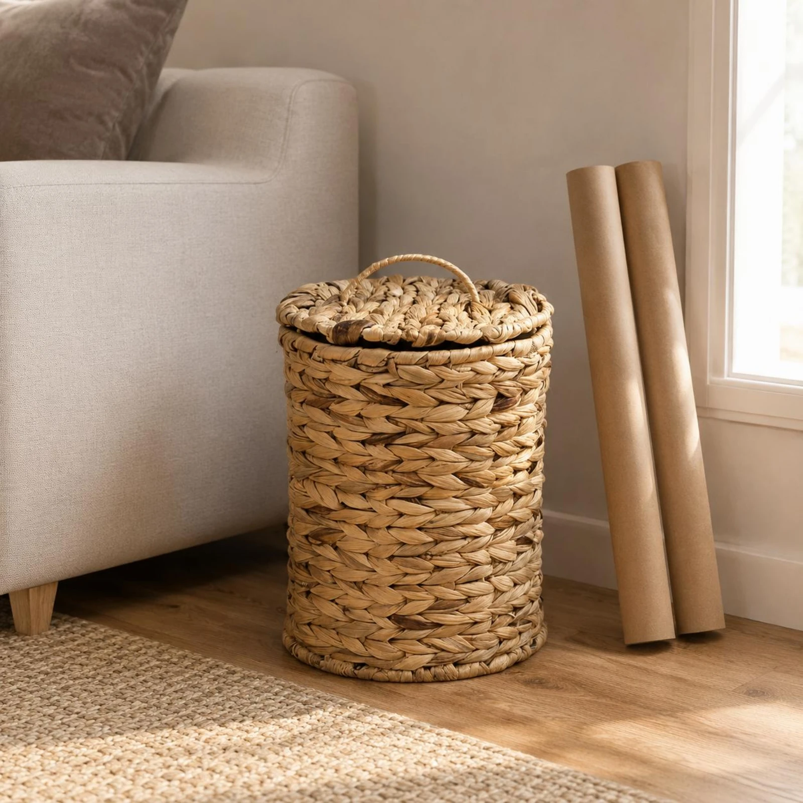 Water Hyacinth Waste Basket Braided Lidded Waste Basket Woven Trash Bin Straw-Colored Handwoven Trash Can Compact Size