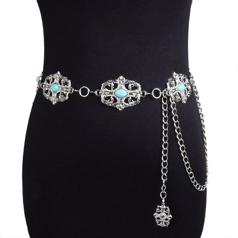 Retro Silber Metallgürtel Hohlkreuz mit Türkis-Deko Taillenkette Steinbesetzter Kettengürtel für Damen