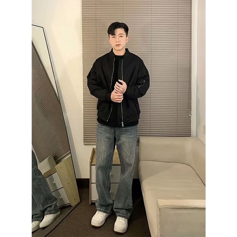 

Retro Blue Straight Leg Men's Jeans Spring Autumn Faion Slim Fit Bell Bot American Vibe High Waist Zipper Casual Trousers