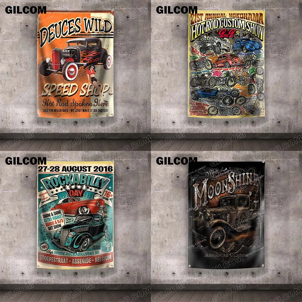 Flag Hot Road Custom Show Rockabilly  Music Home Poster Advertise Logo Sport Outdoor Club Digital Printing Banner Brass Grommet