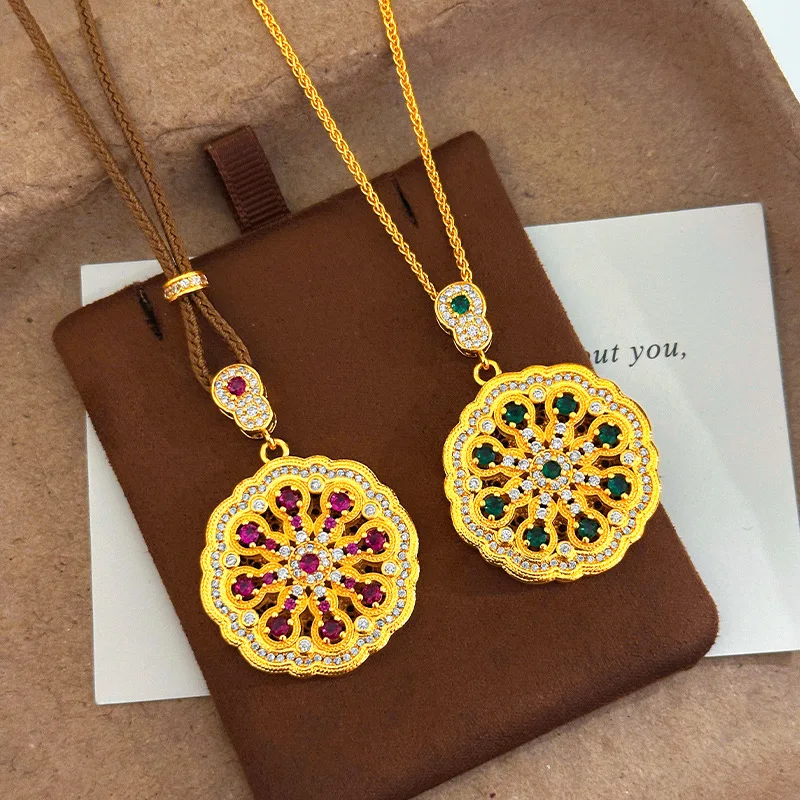 Luxury 9999 24K Real Gold Niche High-end New Chinese Style Hollow Out Eight Blessings Gourd Disc Pendant Sweater Chain for Women
