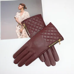 High Quality Ladies Sheepskin Gloves Touch Screen Embroidery Thickened Warm Fleece Windproof Driving Leather Gloves Winter