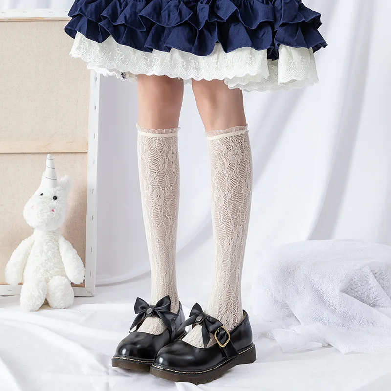 Lolita White Lace Socks Women JK High Knee Socks Frilly Thin Long Socks Female Flower Stockings Leg Calcetines Mujer