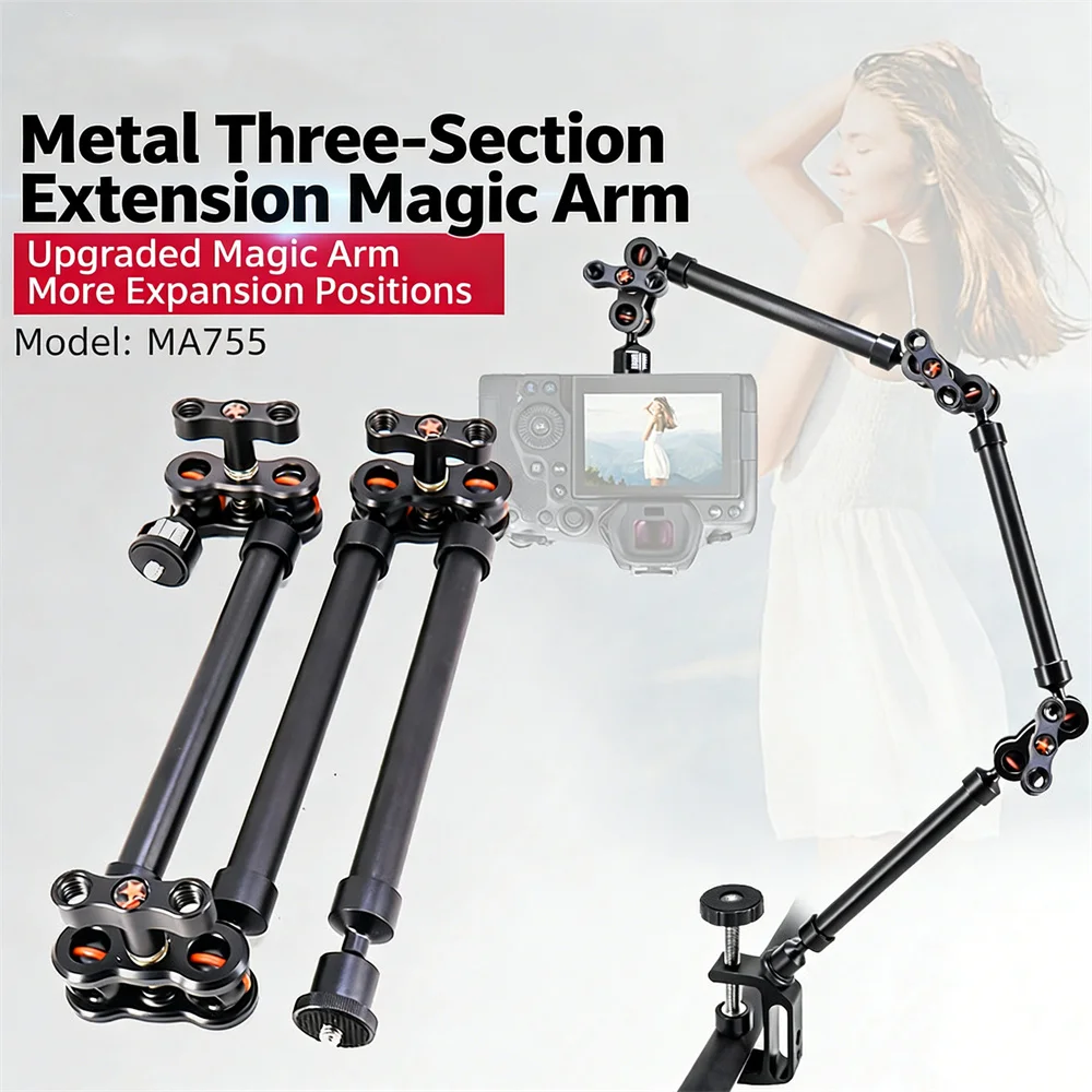 Articulating Magic Arm with C-Clamp Aluminum Overhead Camera Mount Heavy Duty Flexible Desk Stand for iPhone Tablet DSLR Video