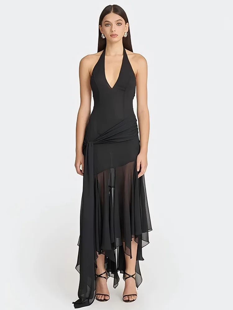 AbsobeชีฟองSheer Maxi Halter Tank Dressผู้หญิงเซ็กซี่ลึกVคอBackless Splicedริบบิ้นSlim A-Lineชุดยาวpartywear