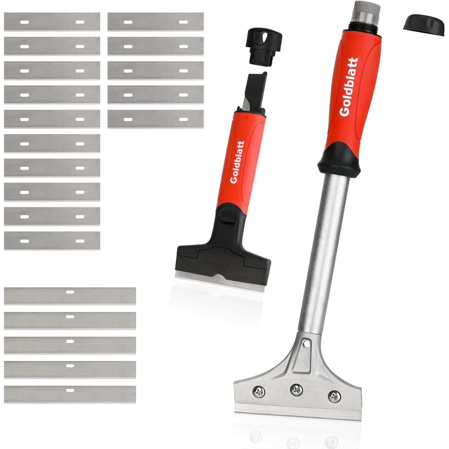 

Glass Scraper Set with 20 Blades - 4 Inch Floor Scraper Tool with Long Handle for Cleaning Caulk, Paint, Glue on Tiles, Walls