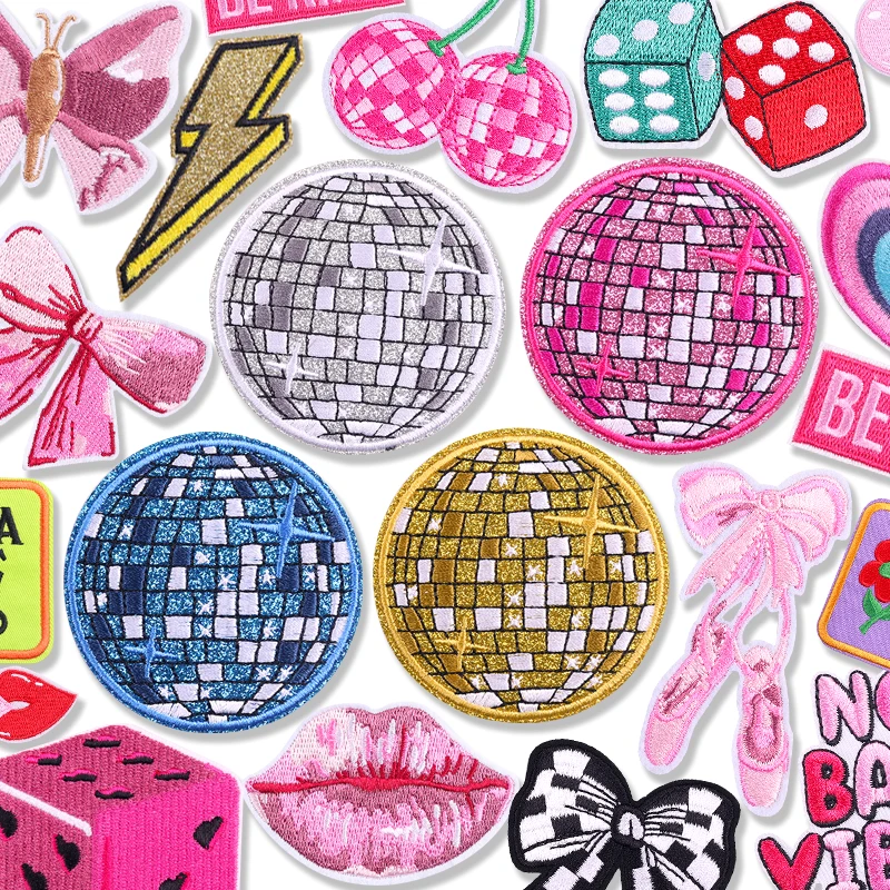 Disco Cherry Dice Embroidery Patches Hats Backpack Sew Embroidered DIY Cartoon Pink Patch Iron On Patches For Clothing Stickers