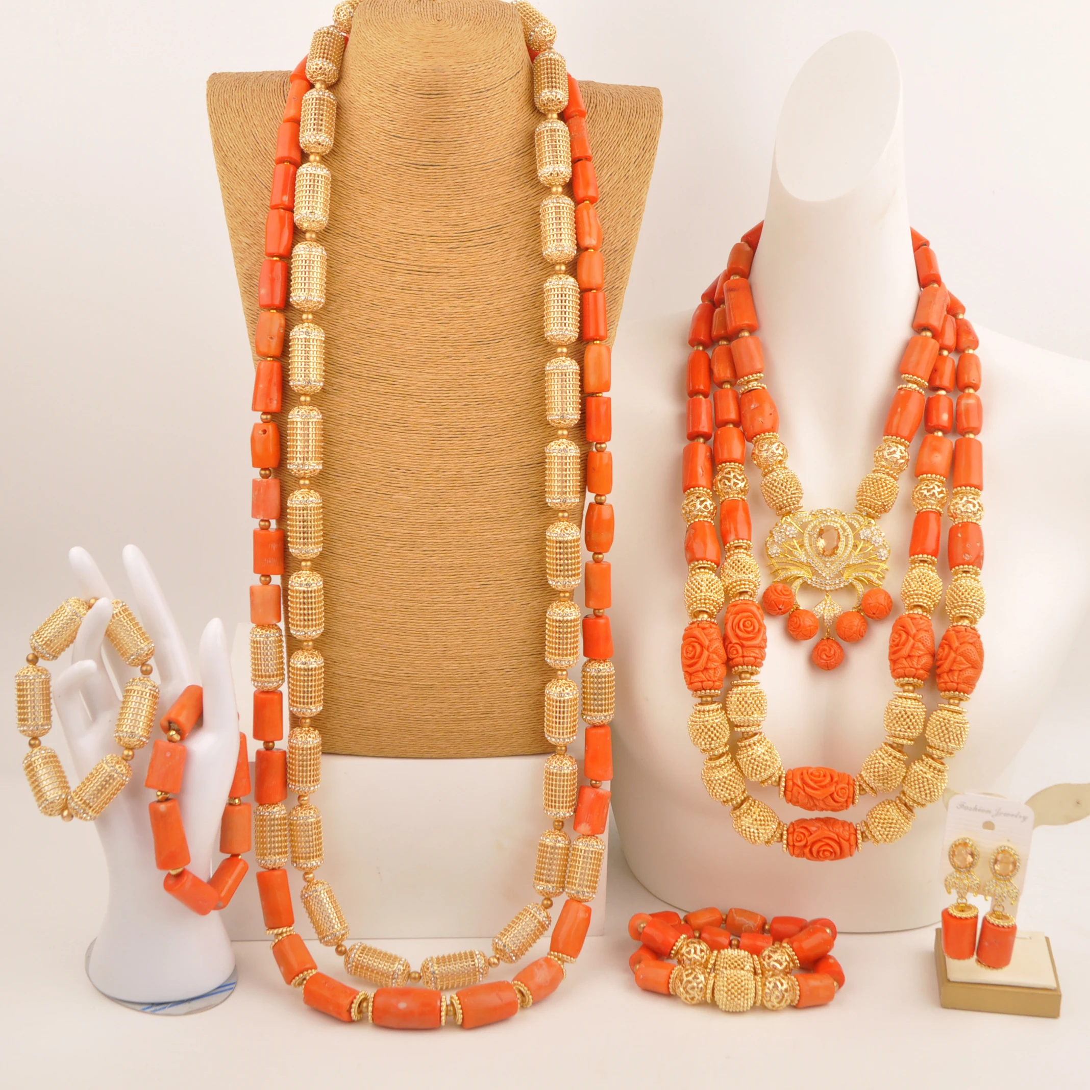 

Fashion Orange Real Coral Bead Necklace Sets African Wedding Jewelry Couple Set