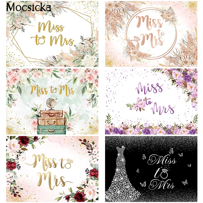 

Mocsicka Miss to Mrs Backdrop for Bridal Shower Pink Golden Black Blush Floral Engagement Party Photo Background for Photography