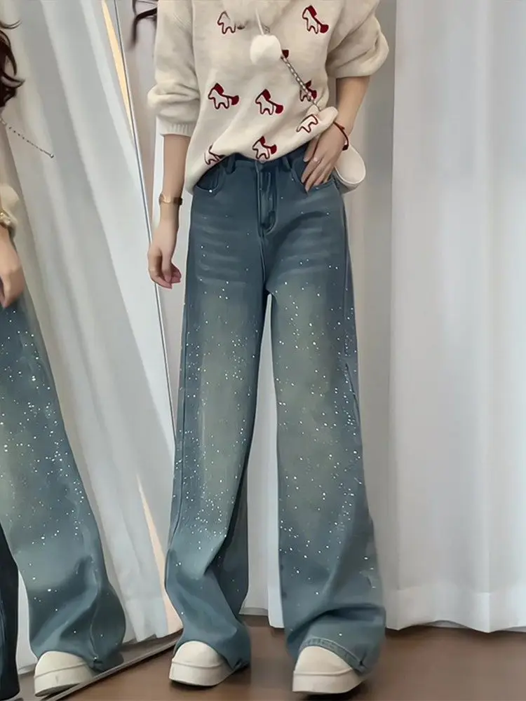 

Синие женские зимние джинсы с высокой талией, на флисовой подкладке, широкие, прямого кроя, модные, повседневные, с декором из страз