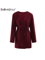 TWOTWINSTYLE Solid Patchwork Sashes Elegant Trench For Women V Neck Long Sleeve Spliced Double Breasted Fashion Coats Female New