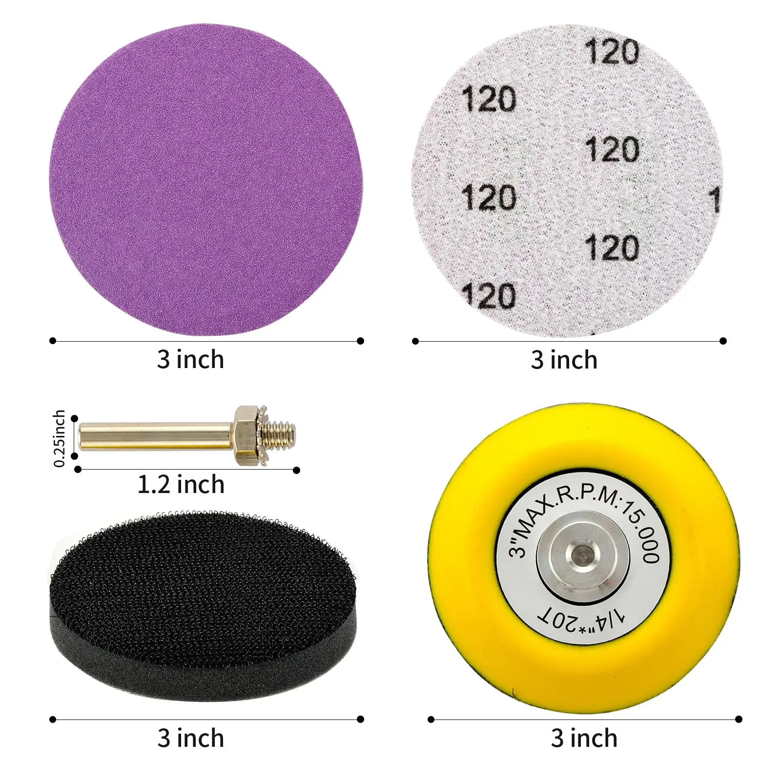 3 Inch Hook and Loop Sandpaper with 1/4 Shank Backing Plate Interface Pad 45 Pcs for Polishing Sanding Wood Metal Automotive