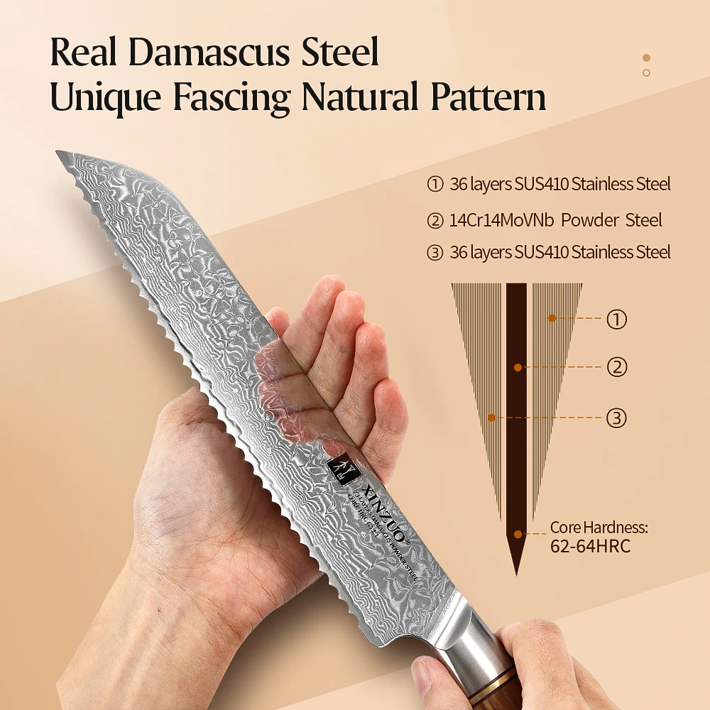 XINZUO 5pcs Knife Set Powder Steel Core 73 Layers Damascus Steel Sharp Bread Chef Meat Knife Olive Wood Handle