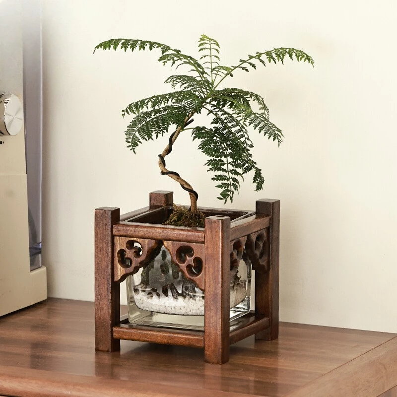 Mini Wooden Plant Stand, Retro Chinese Desktop Flower Rack for Home or Office Decor, Solid Teak Structure, Wax-Coated Finish