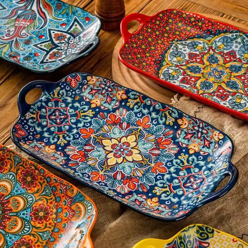 13in Bohemian double-eared fish plate household steamed fish plate large rectangular fish serving plate ceramic vegetable plate