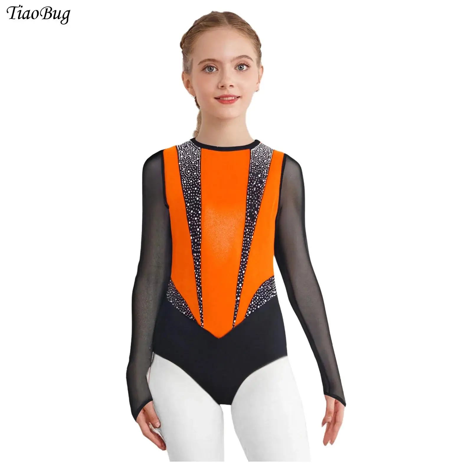 

Kids Girls Gymnastics Ballet Leotard Shiny Metallic Rhinestones Sheer Mesh Long Sleeves Keyhole Back Figure Skating Bodysuit