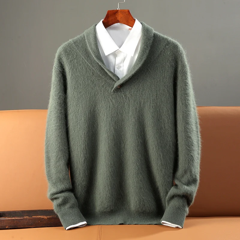 

Autumn Winter Thick 100% Mink Cashmere Sweater Men's Shawl Collar Zipper Knitted Pullover Casual Business Warm Menswear Tops