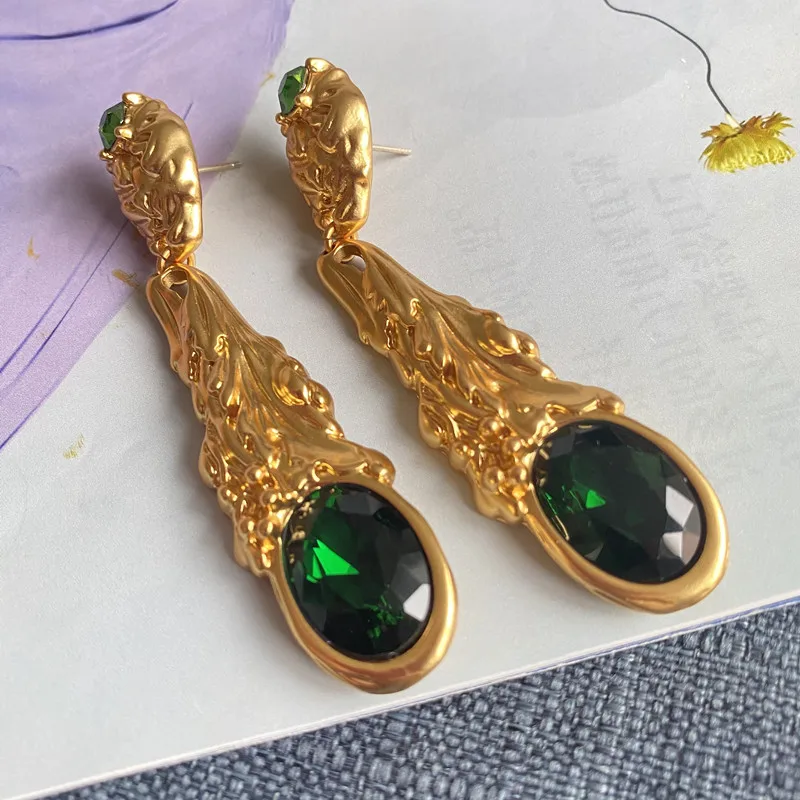 Clearance Medieval Fairy Long Brass Hand-beaten Texture With Green Glass Stud Earrings Earrings Jewelry