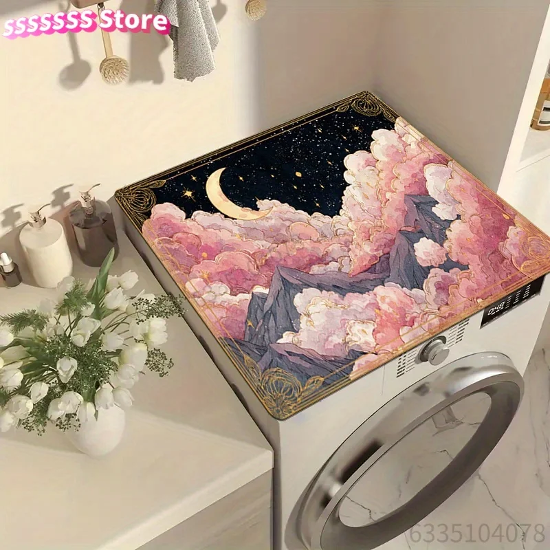 A One-Piece Printed Laundry Machine Mat with a Golden Mountain And Design, Featuring an Absorbent Surface, Suitable for Use As a