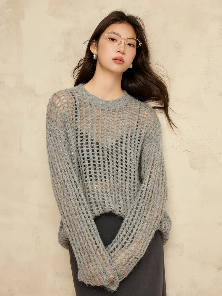 2024 autumn new women's alpaca fur coat women's fashion pearl yarn hollow loose wool knitted cover sweater