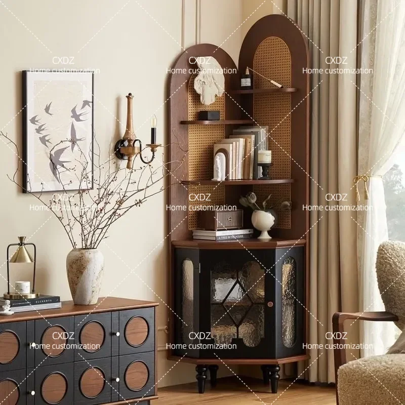 Nordic solid wood corner bookshelf corner French triangle bedroom living room corner  retro storage cabinet shelf