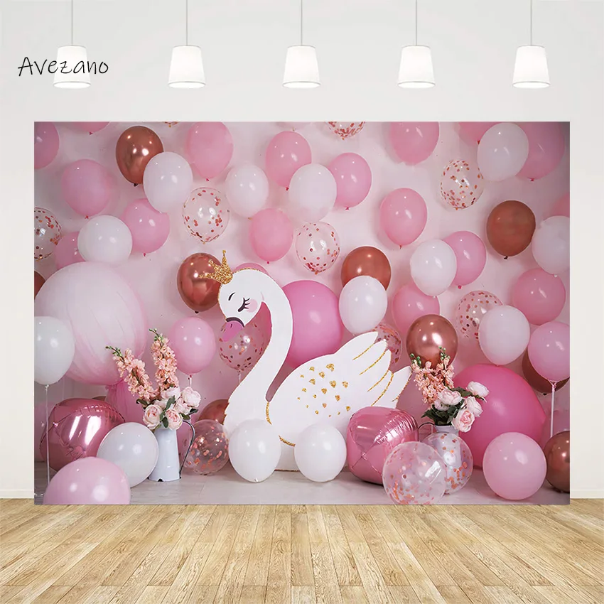 

Avezano Background Photography Pink Balloon Flowers Swan Girl Birthday Portrait Cake Smash Backdrop Photo Studio Decor Photozone