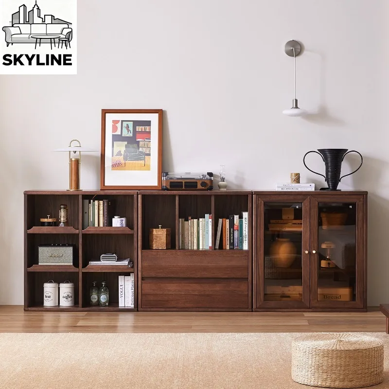 Walnut Glass Door Wall Book Cabinet, Vintage Medieval Full Wood Floor Display Locker for Living Room Deco