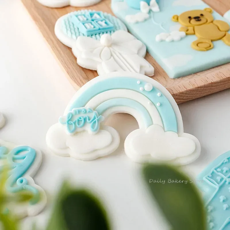 Cartoon Baby Shower Party Cookie Embosser Stamp Oh Baby Bear Cloud Hot Air Balloon Cookie Cutters and Embossers for Boy Birthday