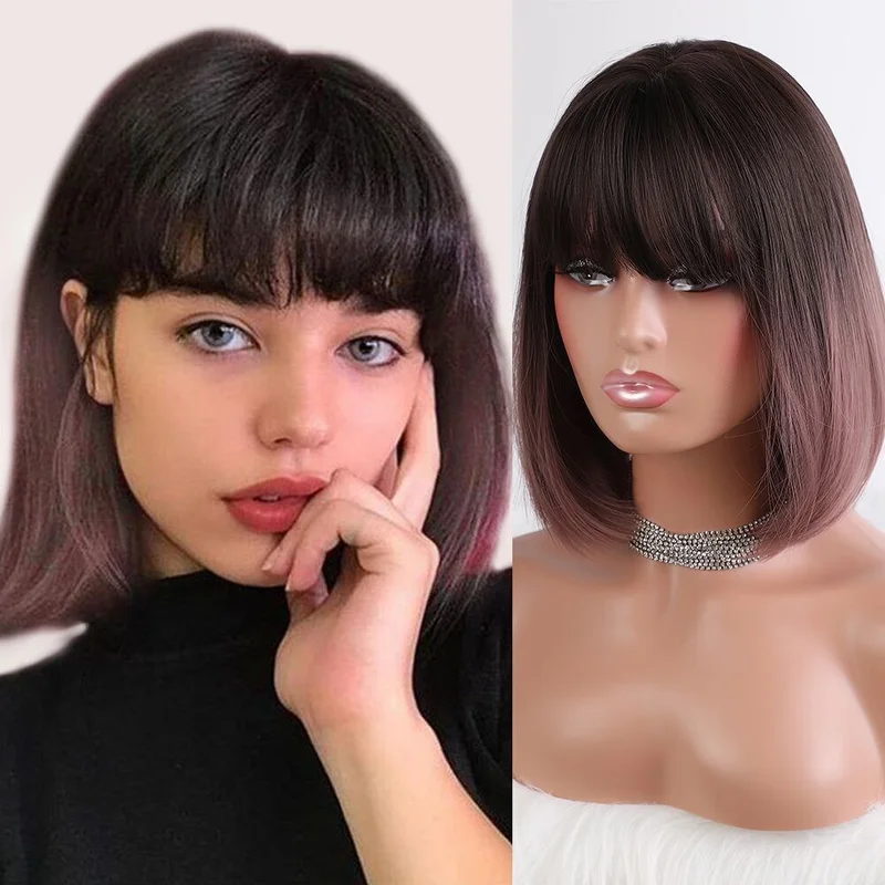 Short Black to Pink Red Bob Wigs Ombre Wigs Synthetic Fashion Bob Wigs for Women