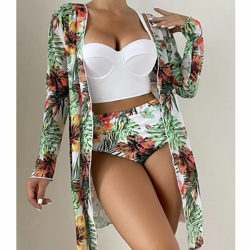 Women Push Up Bikini Set High Waist Swimsuit & Cover Up 2024 New Swimwear Bathing Suit Beachwear Leaf Floral 3 Piece Swim Suit