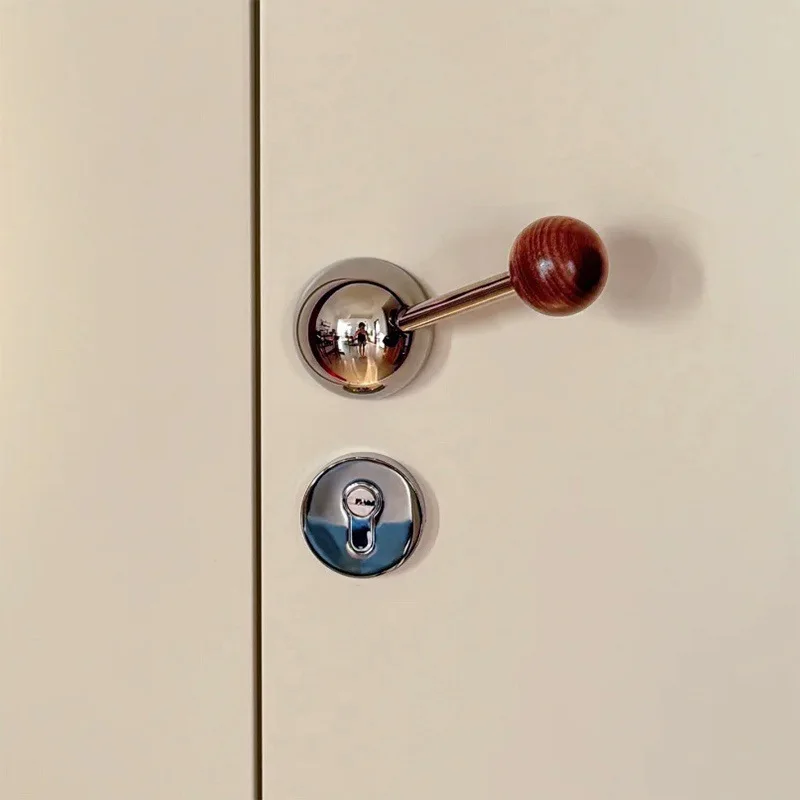 Mid‑Retro Magnetic Silent Door Lock, Walnut‑wood Indoor Handle Kids Bedroom Solid Wood Door, Kit with Hinge