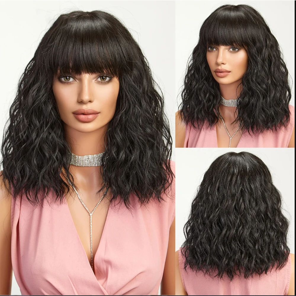 

Medium Length Wave Fake Hair Black Ombre Short Wavy Synthetic Wig Daily Cosplay Natural 14inch with Bangs for Women