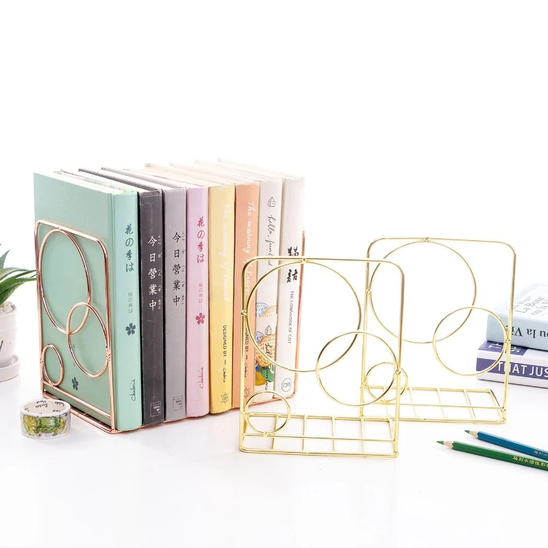 A Pair of Nordic-style Rose Gold Ironwork Round Bookends for Creative Home Decoration and Office Desk Storage Racks