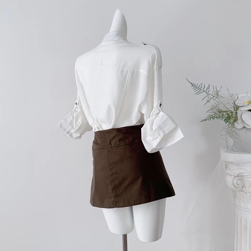 Fashion Two-piece Skirt Sets Cotton Linen Adjustable Cuff Back Waist Belt Rolled Sleeve Shirts Mini Skirt with Shorts Suits New