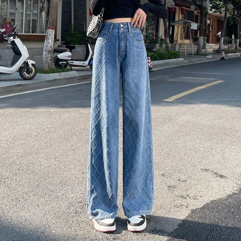 2023 Spring/Summer New High Waist Straight Rhombic Checked Women's Jeans Large Loose and Slim Design Fashion Pant Trend