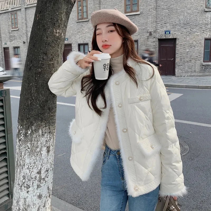 

Gidyq Elegant Korean Women Parkas Fashion Designed Button Female Raw Edge Jacket Casual All Match Argyle Puffer Coats New