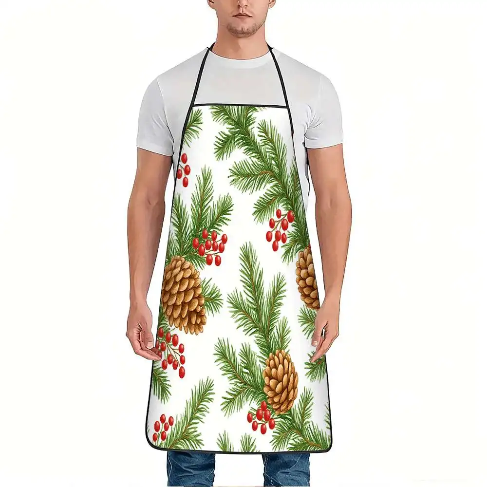 1pc Apron Featuring a Christmas Design with Pine Cones And Red Berries, Made from Durable And Easy-To-Clean Polyester, Adjustabl