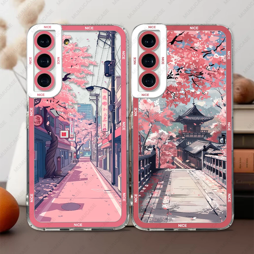 Phone Case For Samsung Galaxy A13 A14 A22 A24 A32 A33 A34 A51 A52 A53 A54 A72 A73 Soft Cover Japanese Landscape Cherry Blossoms
