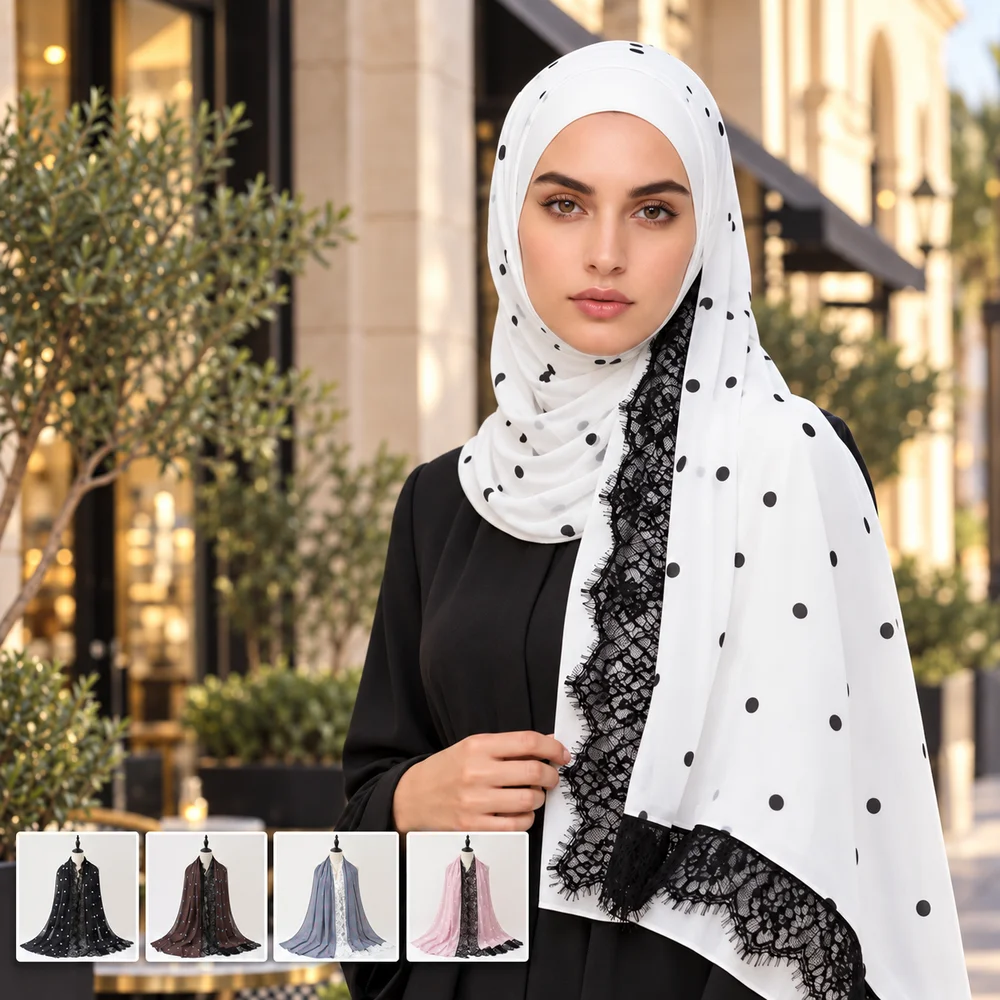 Women Chiffon Polka Dot Hijab Scarf with Floral Lace Trim Lightweight Breathable Headscarf Shawl for Daily Wear