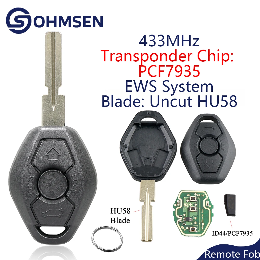 

OHMSEN для BMW 3 5 7 X3 X5 Z4 E38 E39 E46 HU58 Лезвие 433 МГц 3 кнопки Пульт дистанционного управления Автомобильный брелок Транспондер Чип: PCF7935