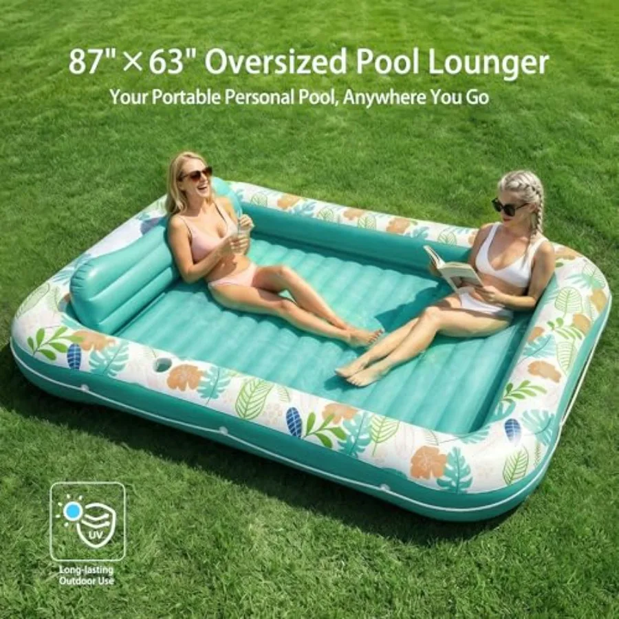 Backyard swimming pool and beach use, PVC inflatable tanning pool lounger float, green, XL size with pillow, cup holder, and wa