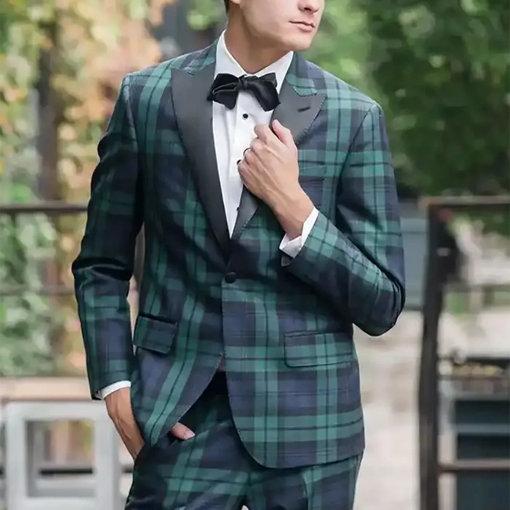 

Elegant Gentleman Men Suit Stylish Plaid Peaked Lapel Outfit Jacket Pants Classic Single Breasted Customized Party Prom Suit Set