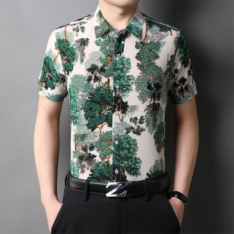 Ice Silk Chinese Style Shirts Men Non Iron Wrinkle Cool Feel Shirt Elastic Loose Tops Youth Casual Summer Beach Quality Clothing