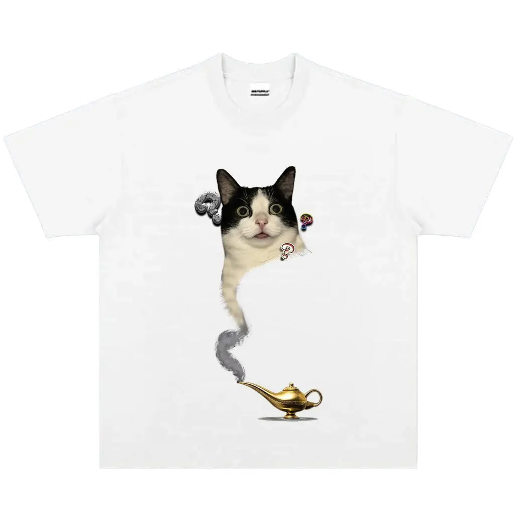 

Aladdin Muscle Cat Print T-Shirt Men Pure Cotton Distressed Washed Loose American Style Tee